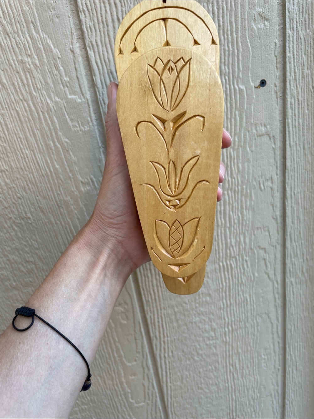Vintage Scandinavian Carved Wood Wall Pocket Letter Box Holder Folk Art Tulip